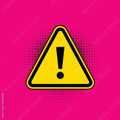 warning symbol pop art vector with vibrant pink background and halftone dot pattern