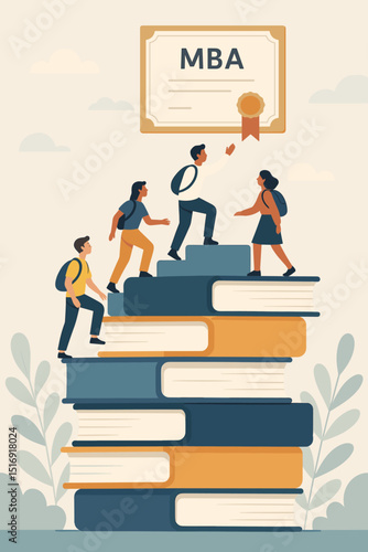 MBA achievement education concept. Students climbing book stack ladder to success. Career growth, learning, upskilling journey. University graduation, business degree, knowledge.