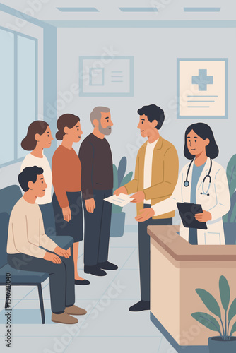 Modern clinic scene with patients waiting in queue at hospital reception for medical consultation. Doctor interacting with man, diverse people seeking healthcare services. Flat vector illustration.