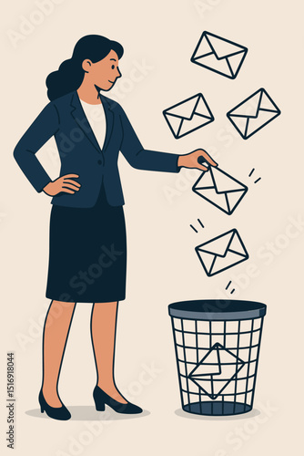 Businesswoman character deleting spam emails. Office worker throwing unwanted messages into trash bin. Email marketing cleanup, inbox management, digital declutter concept vector.