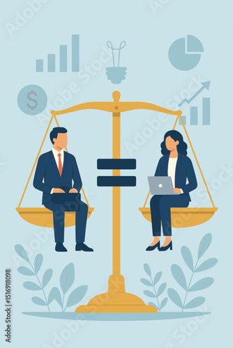 Gender equality business balance. Man woman on scales. Equal pay opportunity rights. Workplace fairness. Diversity inclusion concept. Professional career. Justice symbol. Vector people.