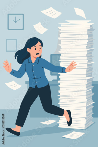 Overwhelmed office worker, stressed businesswoman running from huge pile of documents. Concept of burnout, workload pressure, and tight deadline. Busy, anxious employee. Flat vector.