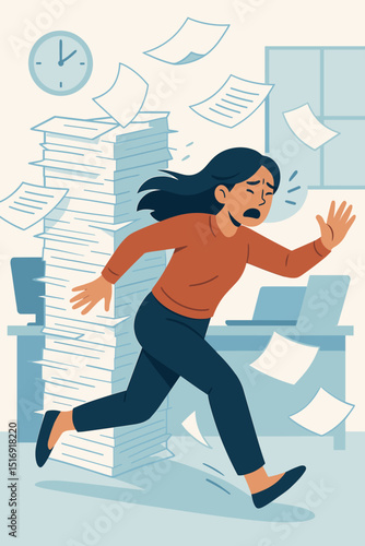 Panicked office worker flees towering paper stack. Overwhelmed businesswoman, deadline pressure, workplace stress. Burnout, excessive workload, bureaucracy, office chaos concept.