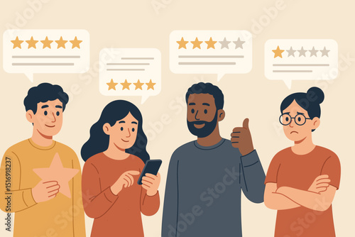 Customer review online star rating feedback. Diverse people giving product service experience satisfaction. Excellent good poor evaluation. Five stars quality ranking user opinion concept.