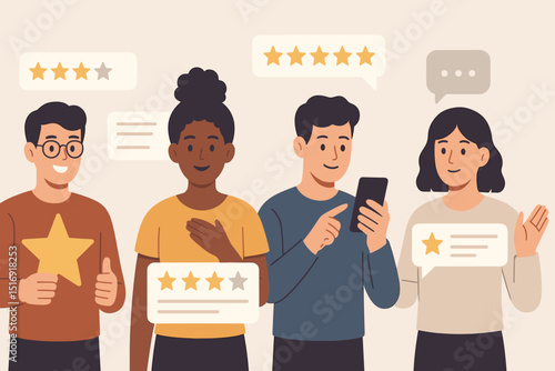 Customer review online. Star rating feedback. People giving product or service satisfaction stars. User experience concept. Diverse characters holding review signs and phone.