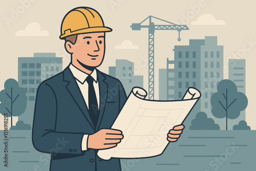 Civil engineer or architect in hard hat reviewing blueprints at active construction site with crane. Urban development, project management, and building industry concept. Vector illustration.