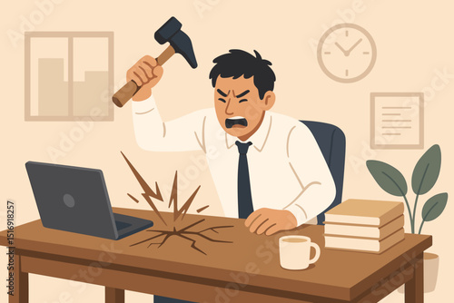 Office rage, frustrated businessman smashing laptop with hammer. Workplace stress, burnout, anger. Overwhelmed employee destroying computer. Tech problems, deadline pressure, mental breakdown.