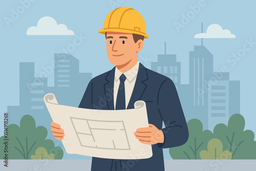 Construction engineer architect looking at blueprints. Project planning concept. Building site manager in yellow hard hat with city background. Civil engineering professional. Urban development.