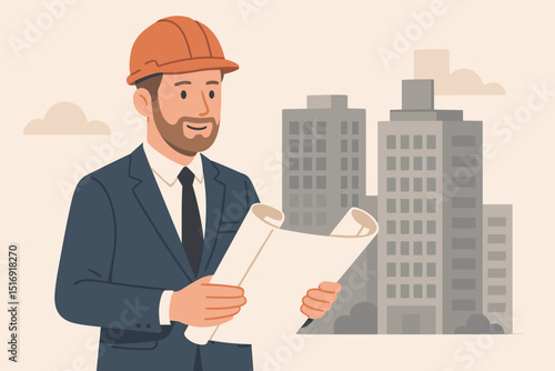Architect engineer in hard hat reviews construction project blueprints. Professional foreman manager plans building development on site. Urban infrastructure, city design, real estate concept.