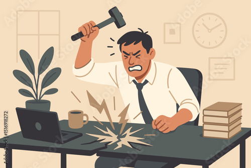 Frustrated businessman smashing laptop. Angry office worker hitting computer with hammer. Stress, burnout, workplace rage. Technology problem, deadline pressure. Vector illustration.