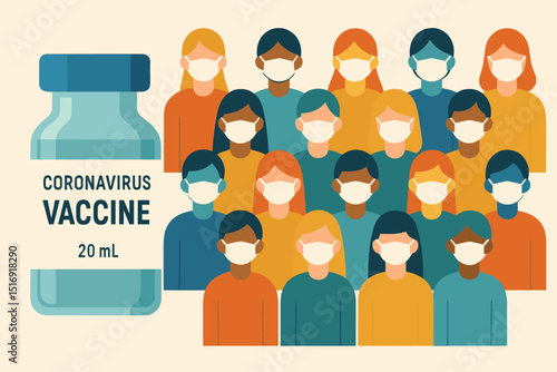 Coronavirus vaccine vial, diverse people in masks. Herd immunity concept illustration. Covid-19 pandemic vaccination campaign for public and community health protection. Medical immunization.