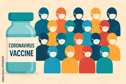 Coronavirus vaccine vial and masked crowd. COVID-19 immunization concept for herd immunity. Public health, pandemic protection, medical vector illustration. Disease prevention.