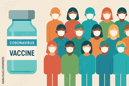 Coronavirus vaccine vial and diverse masked crowd. Concept of COVID-19 vaccination, herd immunity, public health, and pandemic response. Disease prevention immunization.