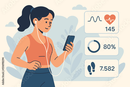 Woman exercising with fitness tracking app on smartphone. Girl monitors workout, heart rate, steps. Healthy active lifestyle, sport technology, health data UI, activity tracker vector.