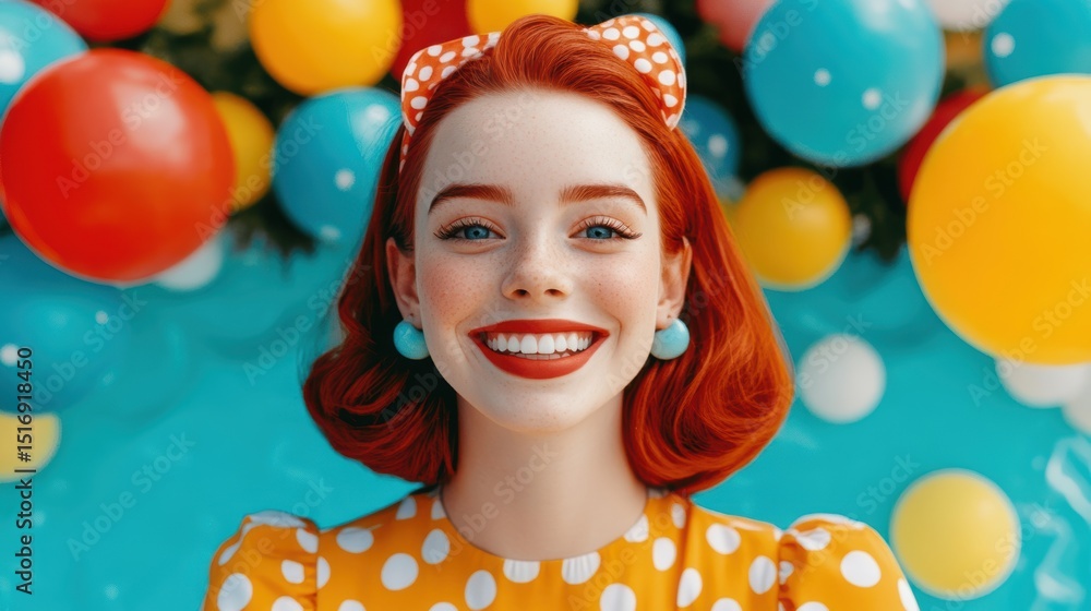 A cheerful young woman with red hair and a polka-dot dress smiles brightly against a colorful backdrop of balloons, This vibrant image is perfect for celebrations, events, or marketing campaigns, A cheerful young woman with red hair and a polka-dot dress smiles brightly against a colorful backdrop of balloons, This vibrant image is perfect for celebrations, events, or marketing campaigns,