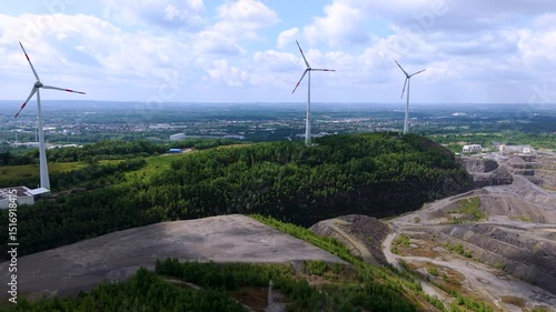 Drone view of a wind turbine in Osnabrueckk, Germany (Rundwanderweg Piesberg Nord)
