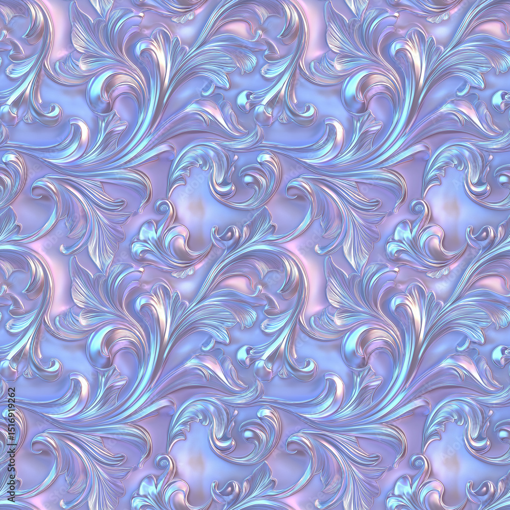 Pearlescent holographic seamless pattern with ornate swirling floral design. Generated AI Pearlescent holographic seamless pattern with ornate swirling floral design. Generated AI