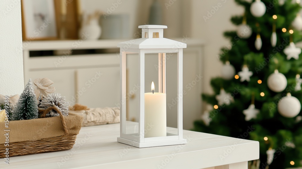 Obraz premium A cozy white lantern with a lit candle sits on a wooden table, surrounded by festive decorations and a Christmas tree in the background, Perfect for holiday dÃ©cor, cozy gatherings, or home ambiance,