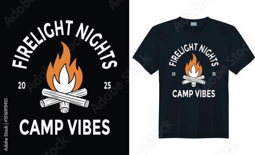 Campfire Logo T-Shirt with Firelight Nights 2025 – Adventure Camping Design