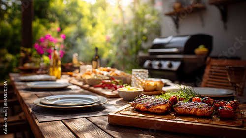 summer time gathering in backyard garden featuring grill BBQ, wooden table, blurred background
