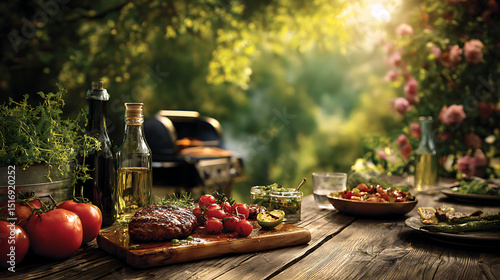 summer time gathering in backyard garden featuring grill BBQ, wooden table, blurred background
