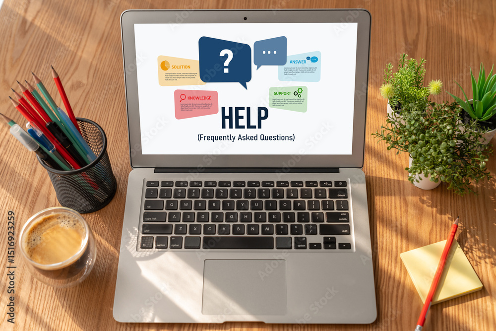 Fototapeta premium Help screen on the website provide answer to FAQ frequently asked question snugly with knowledge information and solution by customer support