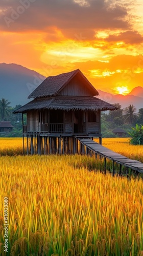 A cozy cottage surrounded by fruit trees, peaceful and dreamy setting