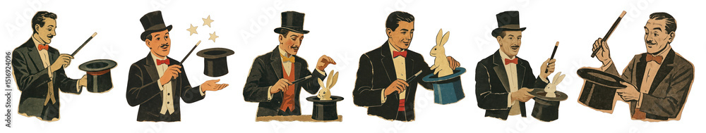 Fototapeta premium PNG Vintage magician performing tricks, element set on transparent background