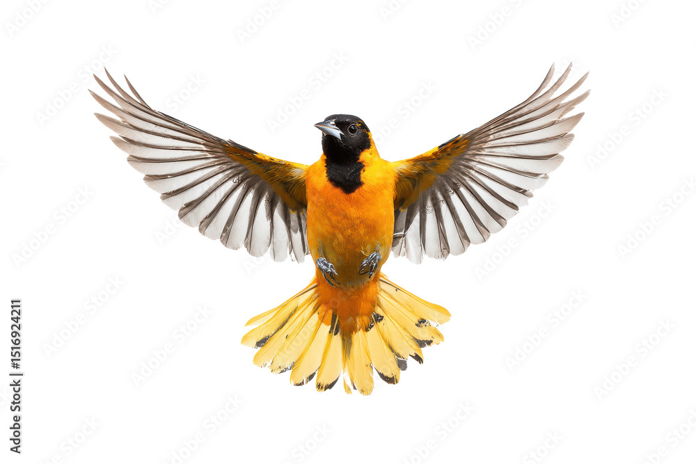Obraz premium Majestic Baltimore Oriole in Flight Vibrant Wings Spread Wide