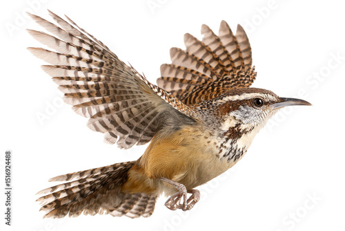 Stunning Image of a Cactus Wren in Flight, Wings Spread Wide