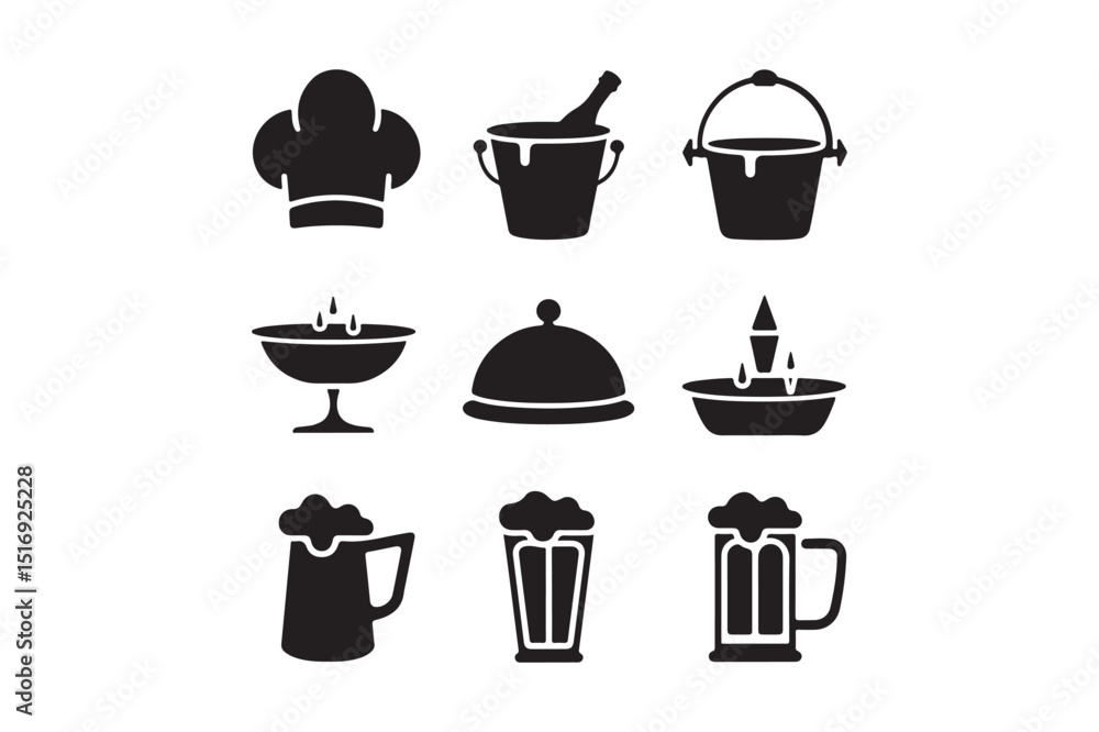 Fototapeta premium Restaurant Kitchen Icons Set Chef Hat, Beer, Buckets, Serving, Drinks, Dishes, Fountains