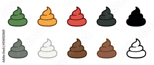 Set of colorful poop icons in various shades isolated on white background. concept of humorous design, poo, feces, fun elements, playful icons for creative projects, graphic illustration, collection
