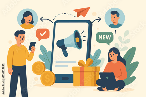 Referral program promotion. People sharing for rewards. Digital marketing strategy. Customer acquisition concept. Smartphone, megaphone, gift, coins. Affiliate loyalty vector illustration.