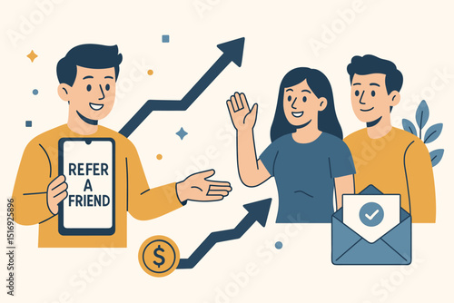 Referral program marketing concept. Man with tablet invites friends. 'Refer a Friend' promotion for customer acquisition, business growth and loyalty rewards. Vector illustration.