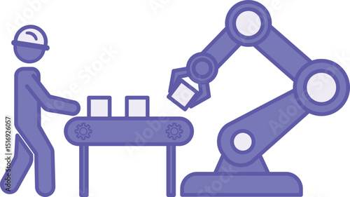 Colored Industrial Icon. Vector Illustration. Man and Robot Working on Production. Engineering Concept