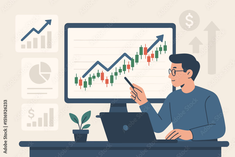 Financial analyst at desk forecasting stock market trends. Investment strategy, data analysis concept. Businessman with computer, candlestick chart, growth arrow. Finance expert. Financial analyst at desk forecasting stock market trends. Investment strategy, data analysis concept. Businessman with computer, candlestick chart, growth arrow. Finance expert.