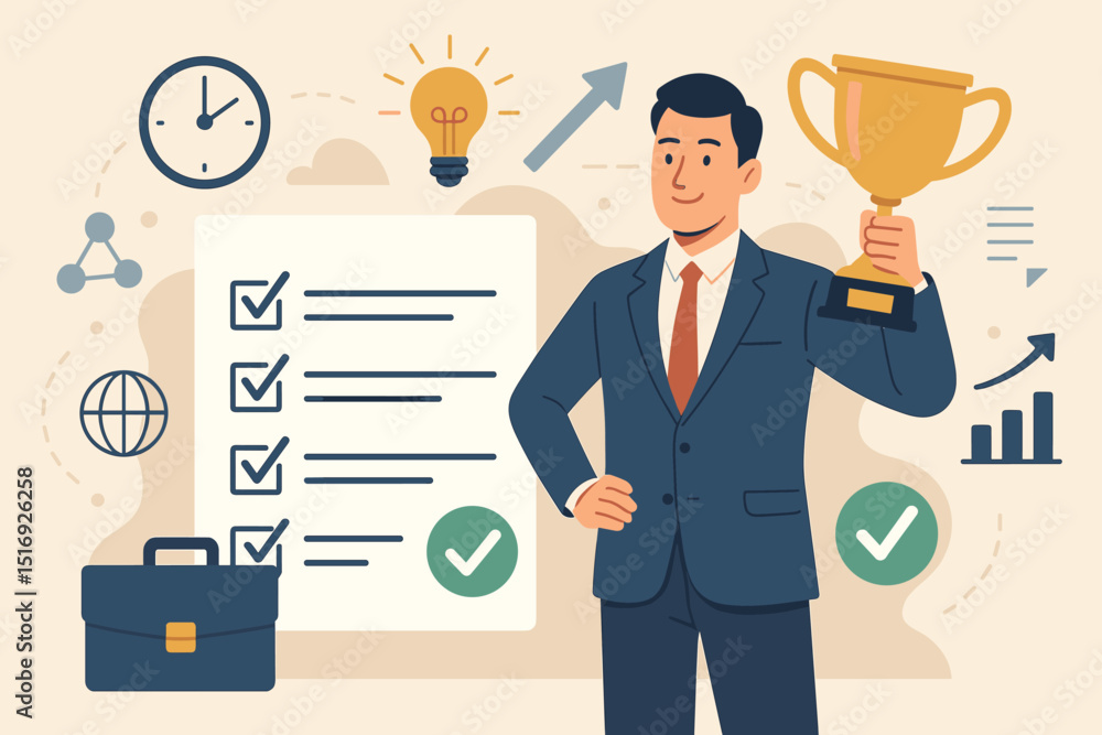 Successful project management achievement. Businessman holding trophy award for meeting business goals. Employee recognition, task completion, career success, victory, leadership, efficiency concept. Successful project management achievement. Businessman holding trophy award for meeting business goals. Employee recognition, task completion, career success, victory, leadership, efficiency concept.