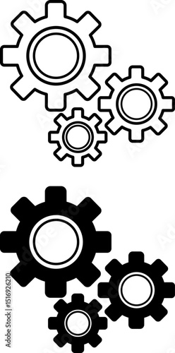 Mechanical Icons. Black and White Vector Illustration. Made or Machine Operated. Gear. Concept Engineering