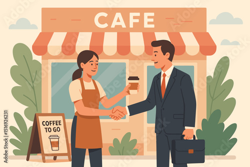Friendly barista serving takeaway coffee to satisfied businessman. Supporting local cafe, small business success concept. Customer service handshake illustration. Coffee to go.