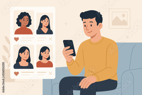 Man using dating app on smartphone, swiping profiles for online romance and virtual relationships. Modern love search concept. Character choosing partner via mobile application.