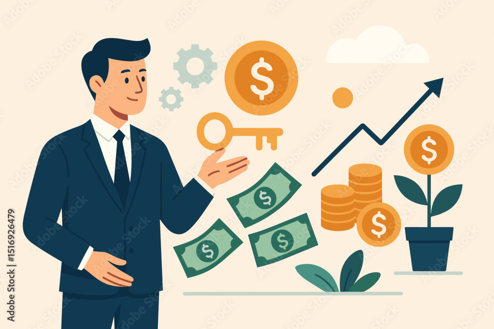 Financial management concept. Businessman with key to success, money growth. Investment strategy, profit increase, capital savings. Wealth building, banking, economic development vector. Financial management concept. Businessman with key to success, money growth. Investment strategy, profit increase, capital savings. Wealth building, banking, economic development vector.