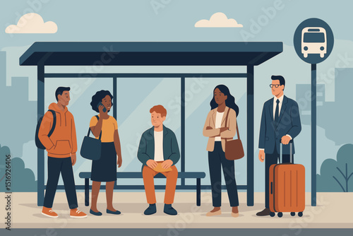 Diverse group people waiting public transport urban bus stop. Commuters city lifestyle. Man woman characters standing sitting. Transportation vector illustration modern flat design.
