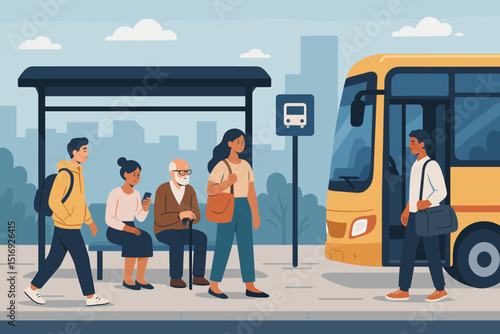 Urban transport scene with diverse people waiting at a bus stop. City public transportation vector illustration. Commuters, bus arrival, daily routine, cityscape background concept.