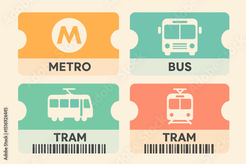 Vector set public transport tickets. Metro, bus, tram pass icons. Vintage design admission stubs for urban travel. Fare collection illustration for city commute concept.