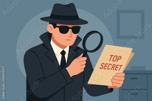 Secret agent investigating top secret document with magnifying glass. Detective spy in fedora hat and trench coat analyzing classified information. Espionage mystery concept.