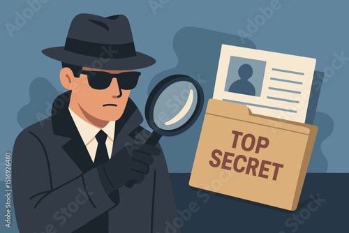 Secret agent investigating with magnifying glass. Detective in fedora and trench coat examining top secret classified documents. Espionage, surveillance, mystery, confidential information.