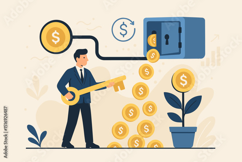 Businessman unlocking financial growth. Investment concept with key, safe, coins, and money tree. Financial success, wealth management, savings, profit, income.