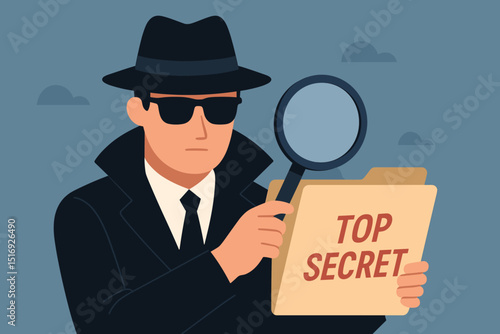 Secret agent detective investigating top secret documents. Spy with magnifying glass and confidential folder. Espionage concept flat vector illustration. Mystery, security, privacy.