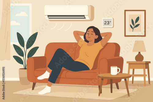 Woman relaxing on sofa in comfortable air-conditioned living room. Summer cool down, home leisure, peaceful atmosphere. Modern interior, girl chilling, serene lifestyle vector illustration.