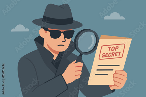 Secret agent in hat and sunglasses investigating top secret document with magnifying glass. Espionage, detective work, confidential information, mystery concept vector illustration.